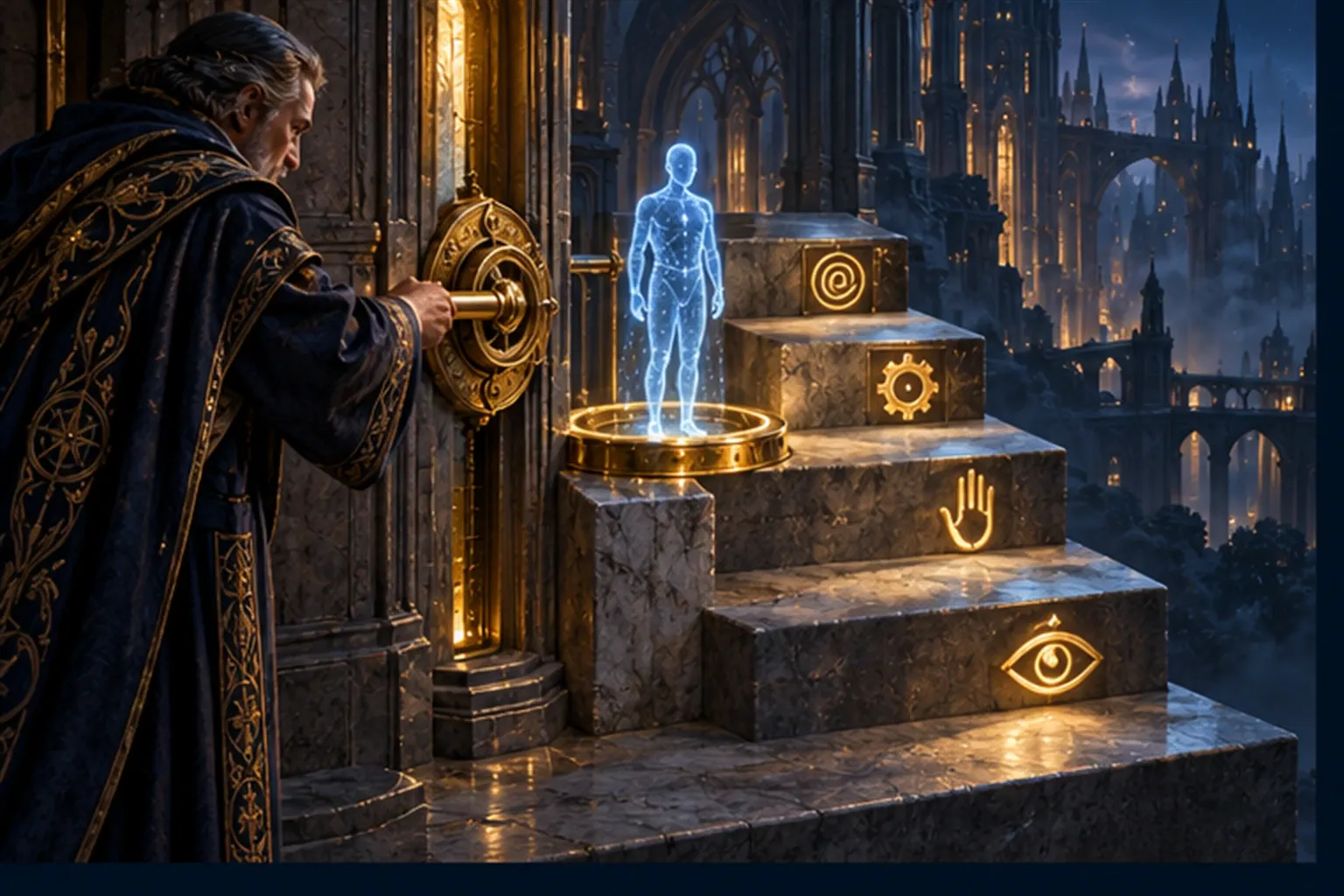 A four-step staircase with gold emblems, a cyan agent on the third step, and a wizard's hand turning a brass key that moves its gold ring.