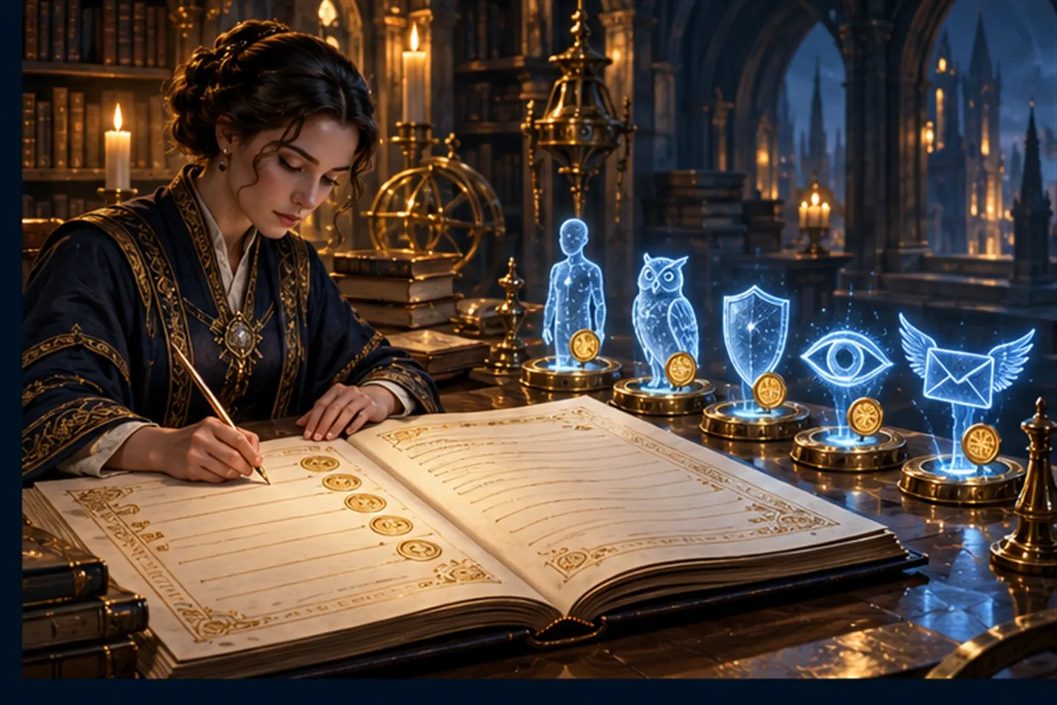 A wizard writes in a great ledger at a lectern while a queue of cyan agent sigils waits along the desk, entered ones wearing gold seals.