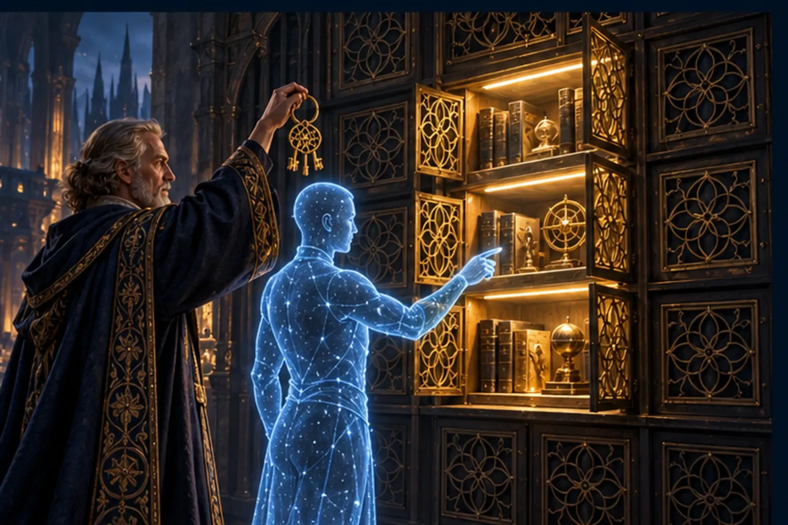 A wizard holds up a gold key ring beside a cyan agent at a bookcase; only three shelves with matching grilles open and glow.