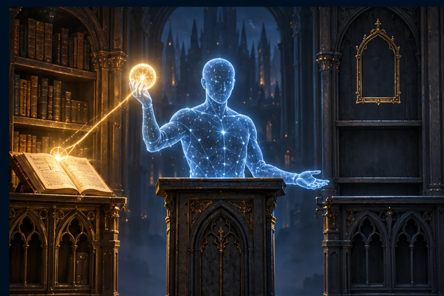 A cyan agent between a book that lifts a gold-threaded answer-orb and an empty shelf where its open hands hold no orb at all.
