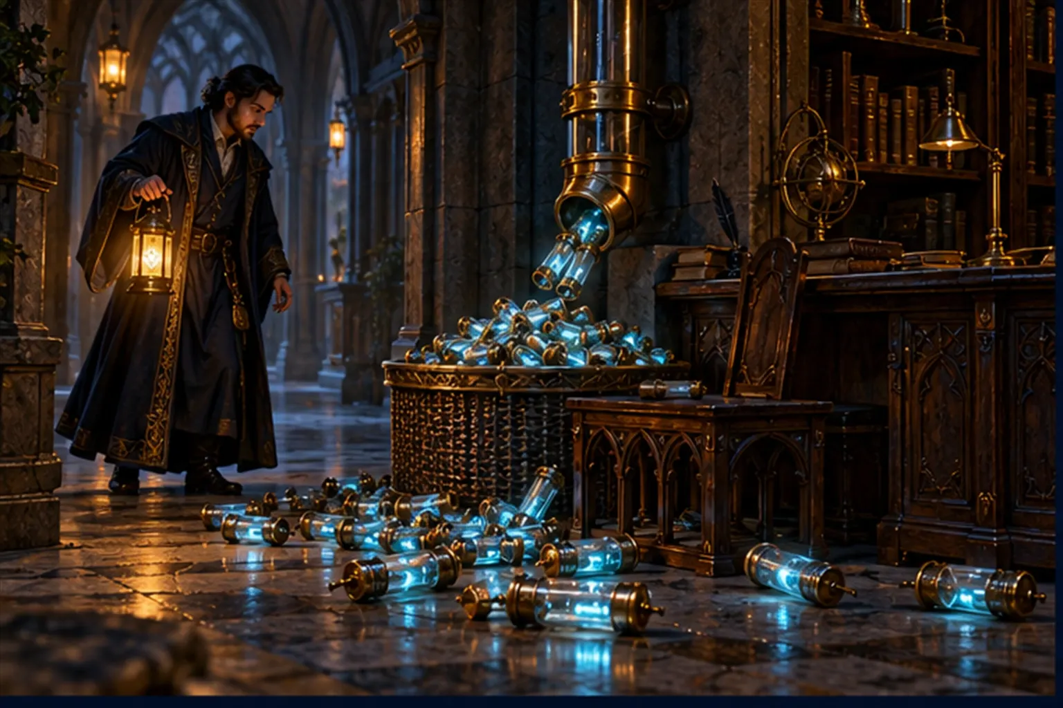 Glowing capsules from a brass tube spill unopened from an overflowing basket beside an empty desk as a wizard enters with a lantern.