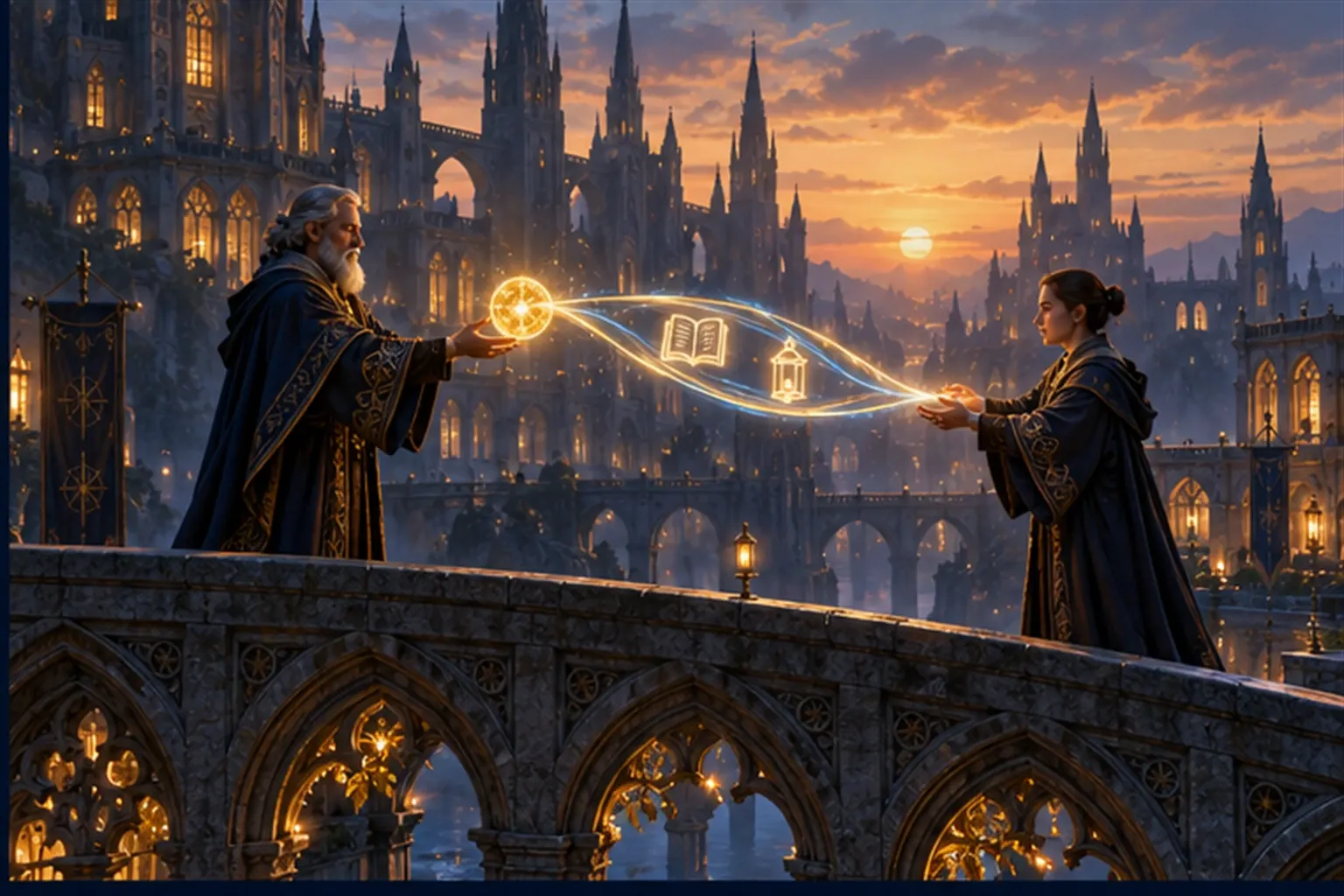 Two wizards pass a glowing gold sphere across a stone footbridge, trailing an unbroken ribbon of light with tiny pictograms.