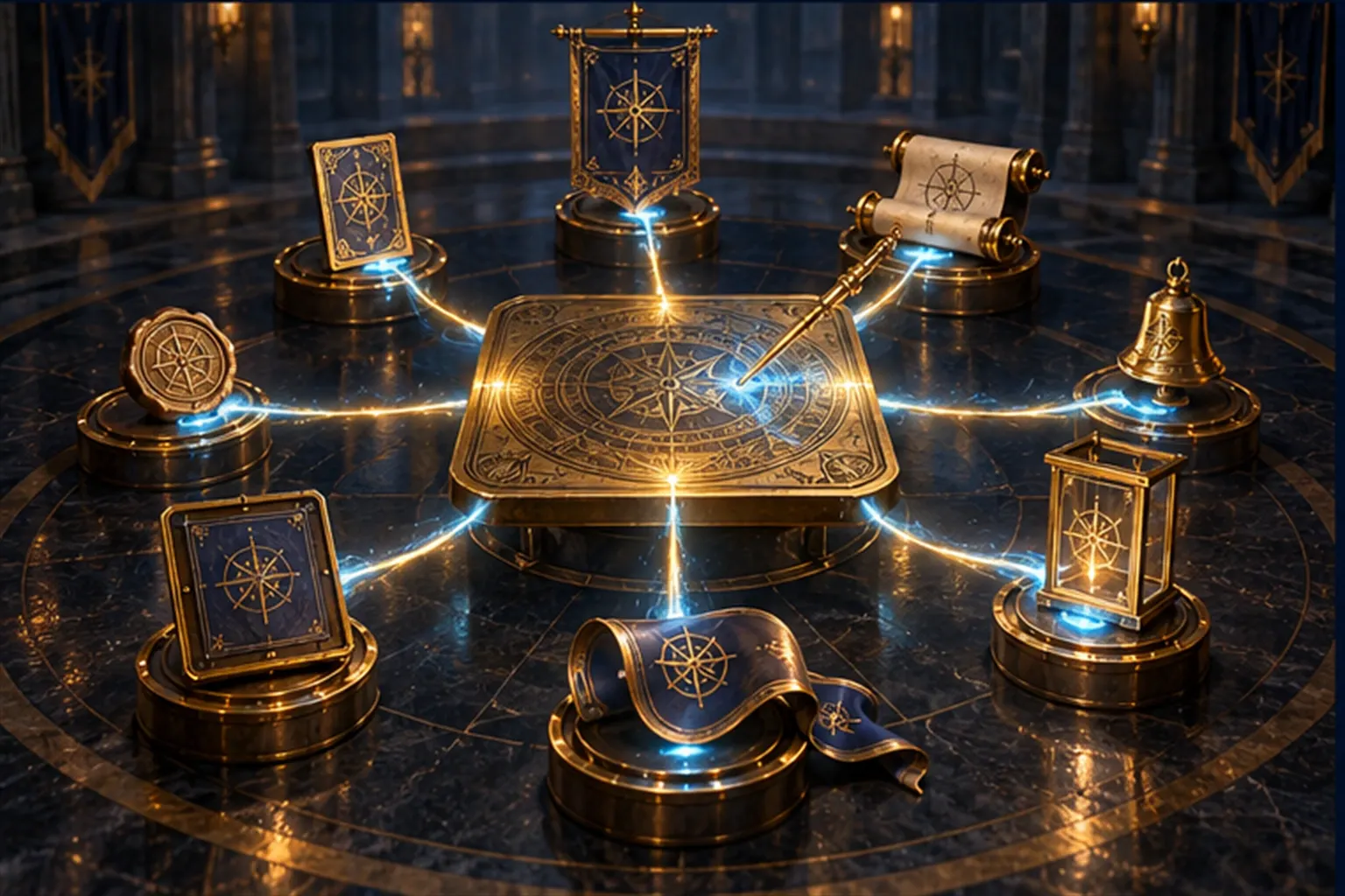 A master brass plate tied by gold threads to eight differently shaped copies as a ripple of light from one new notch travels to all.