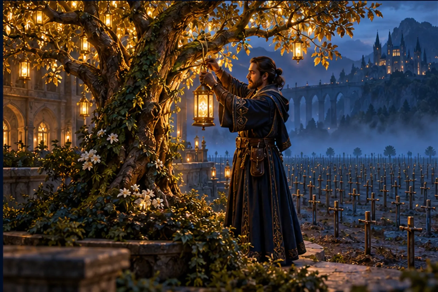 A wizard ties new lantern-lit growth onto one old thriving vine-tree while a field of sapling stakes beyond it stays unplanted.