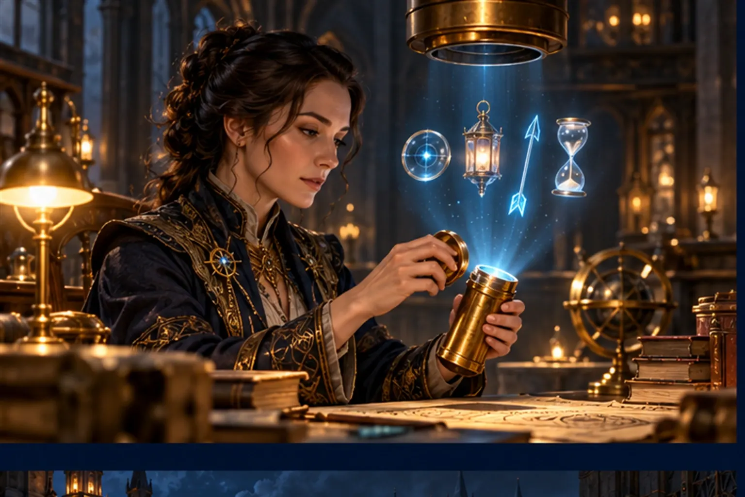 A wizard opens a brass capsule at her desk and four glowing objects rise from it: a lens, a lantern, an arrow and a sandglass.