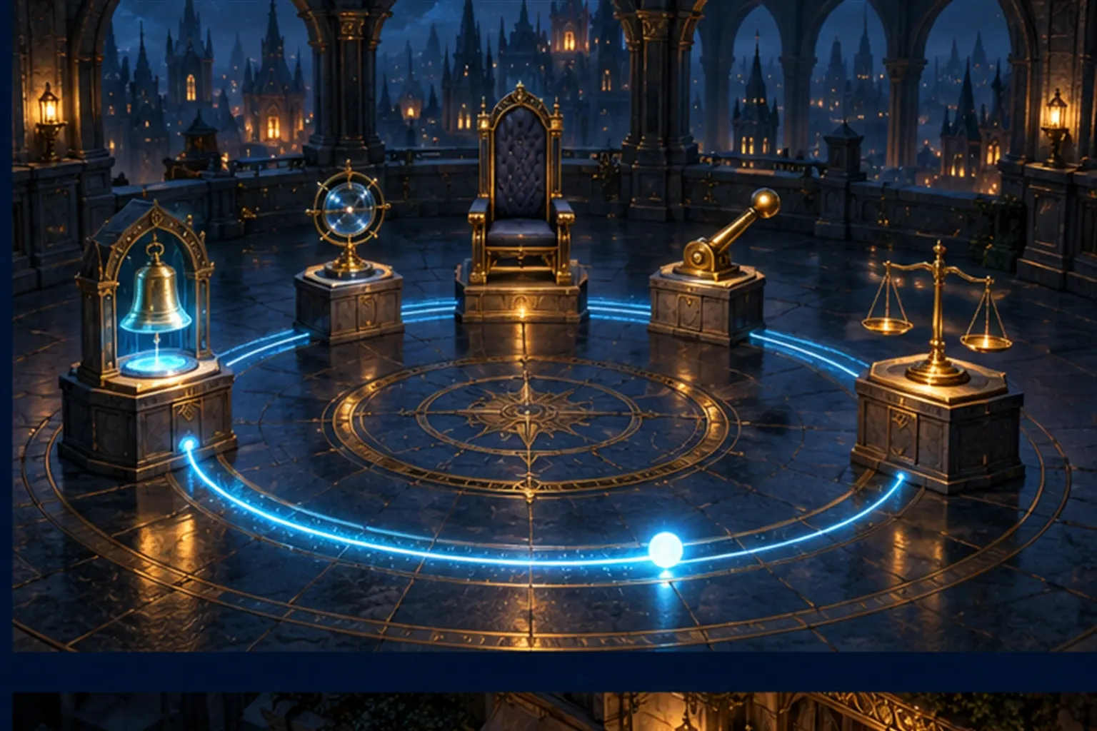 A circular track of cyan light passes five stations, a bell, a lens, a chair, a lever and a balance, as a bright bead returns to the bell.