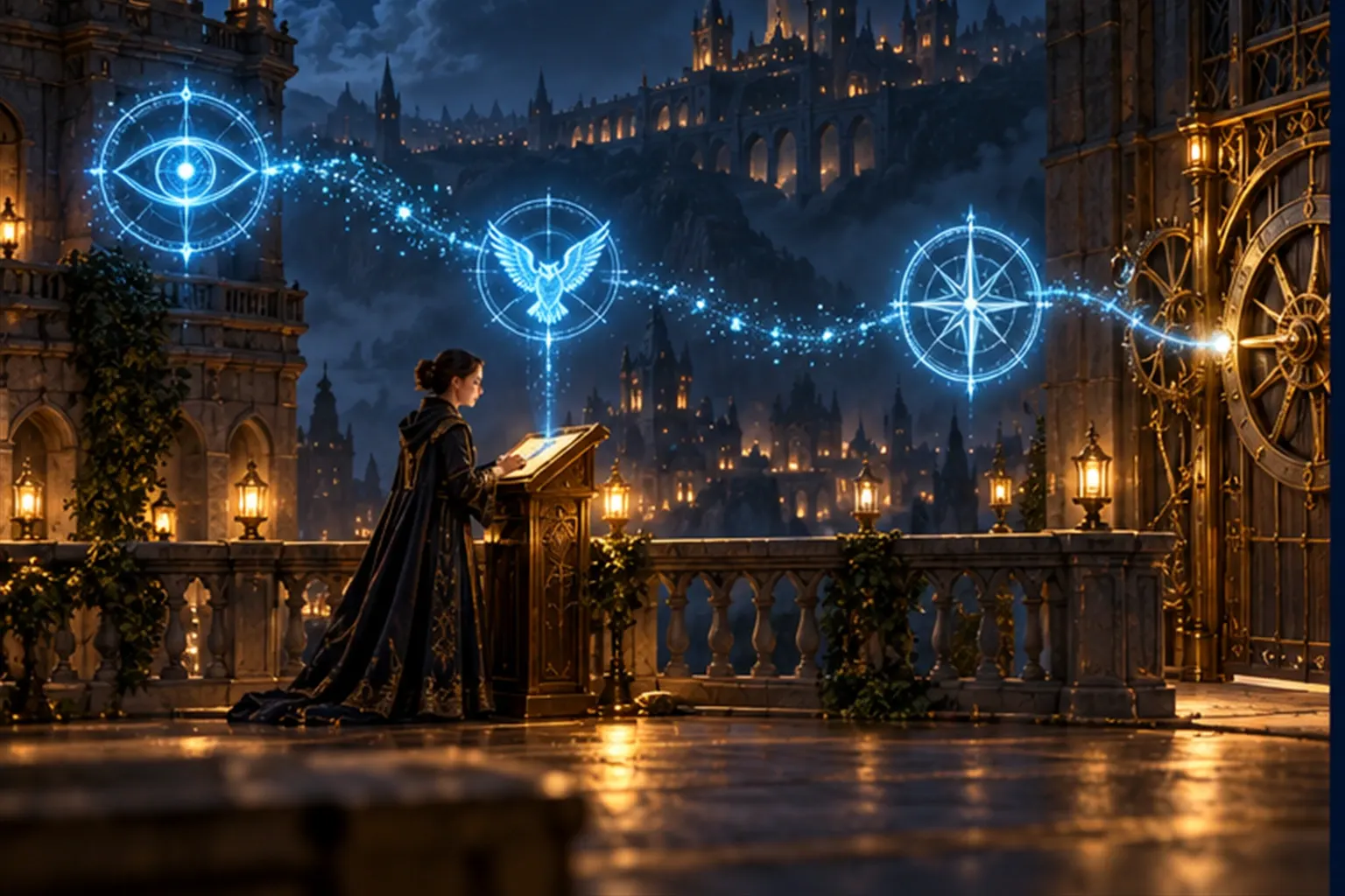 A cyan eye spots a flicker, an owl carries it to a wizard at a lectern, and a compass sigil turns a distant gate-wheel.