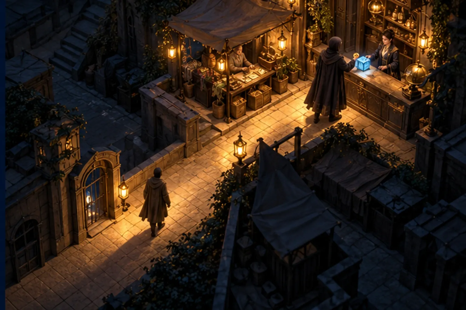 From above, a traveller walks one lantern-lit lane from a gate past a stall to a counter where a wizard takes a coin; side lanes stay dark.