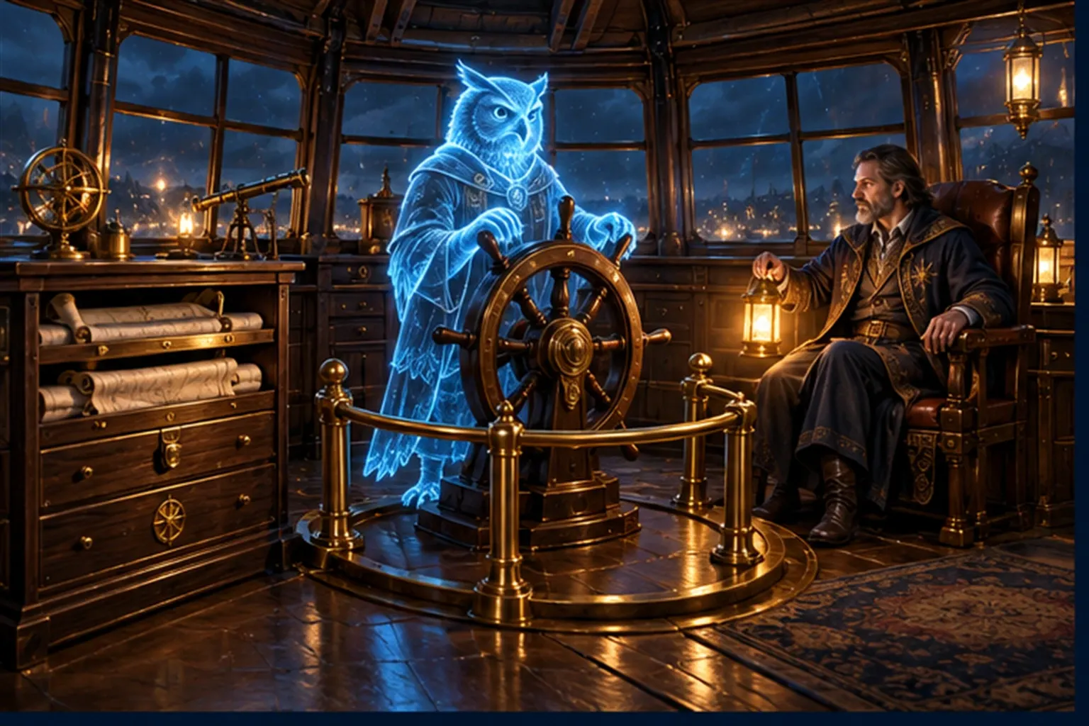 A cutaway wheelhouse: a cyan owl sigil at the wheel, a chart cabinet, a brass rail limiting the wheel and a wizard in the captain's chair.