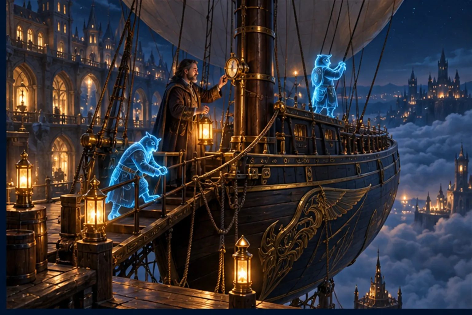 A sky-barge moored in a lamplit harbour at night, tended by cyan anvil and shield sigils while a wizard reads a brass gauge on its mast.