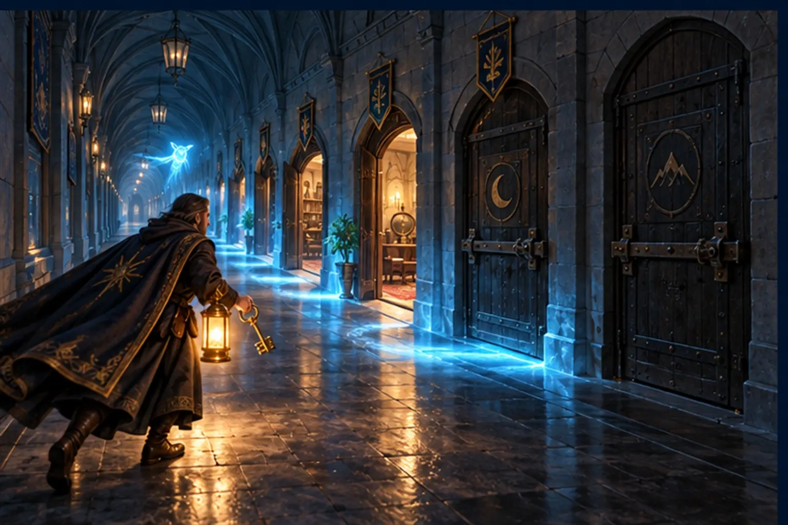 A pool of cyan light travels a corridor of doors, reaching the open rooms but stopped at two bolted doors as a wizard hurries up with a key.