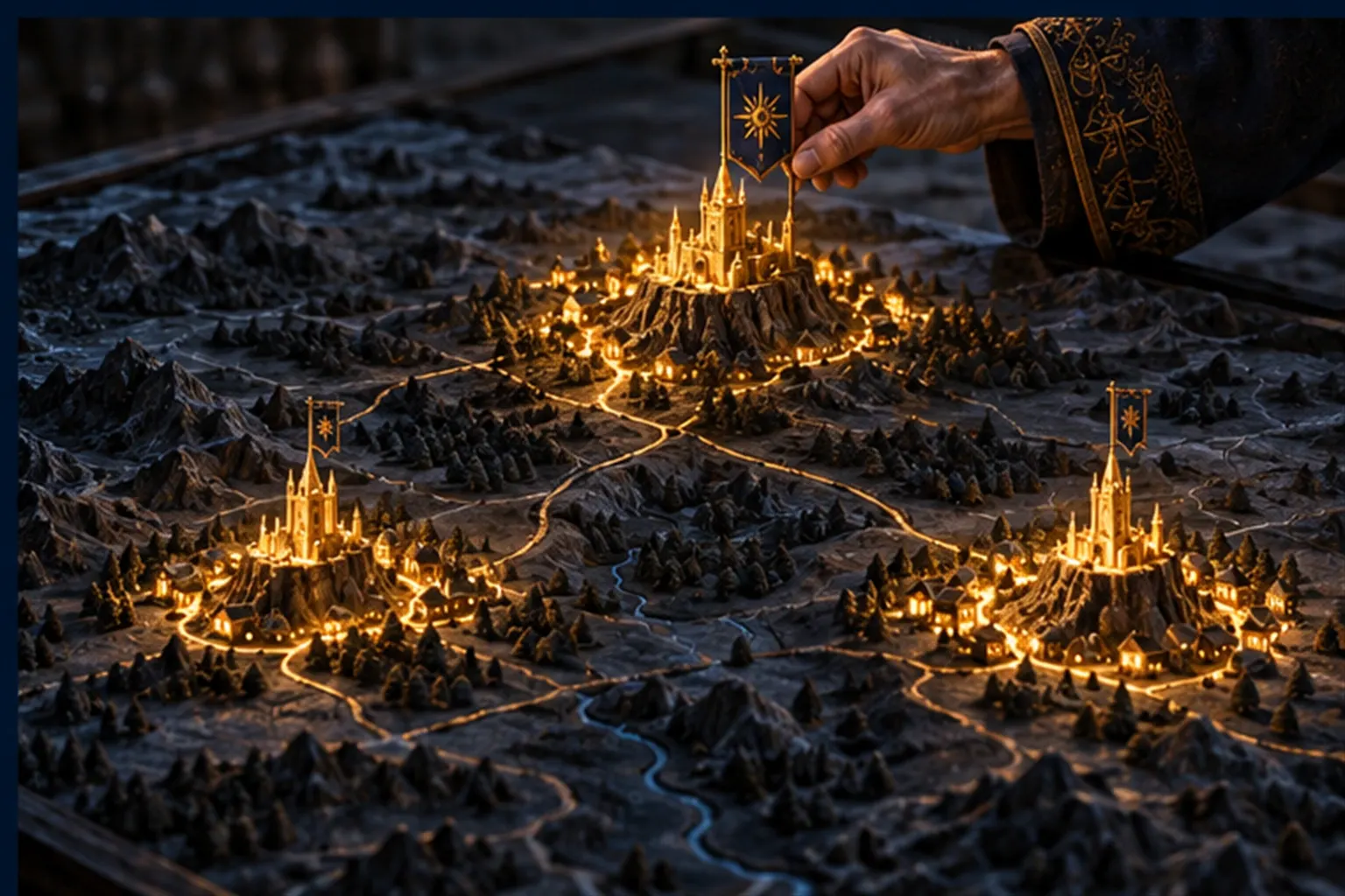 A dark relief map with three gold-lit hilltop towers ringed by lit cottages and gold lanes while a wizard's hand plants a banner on one.
