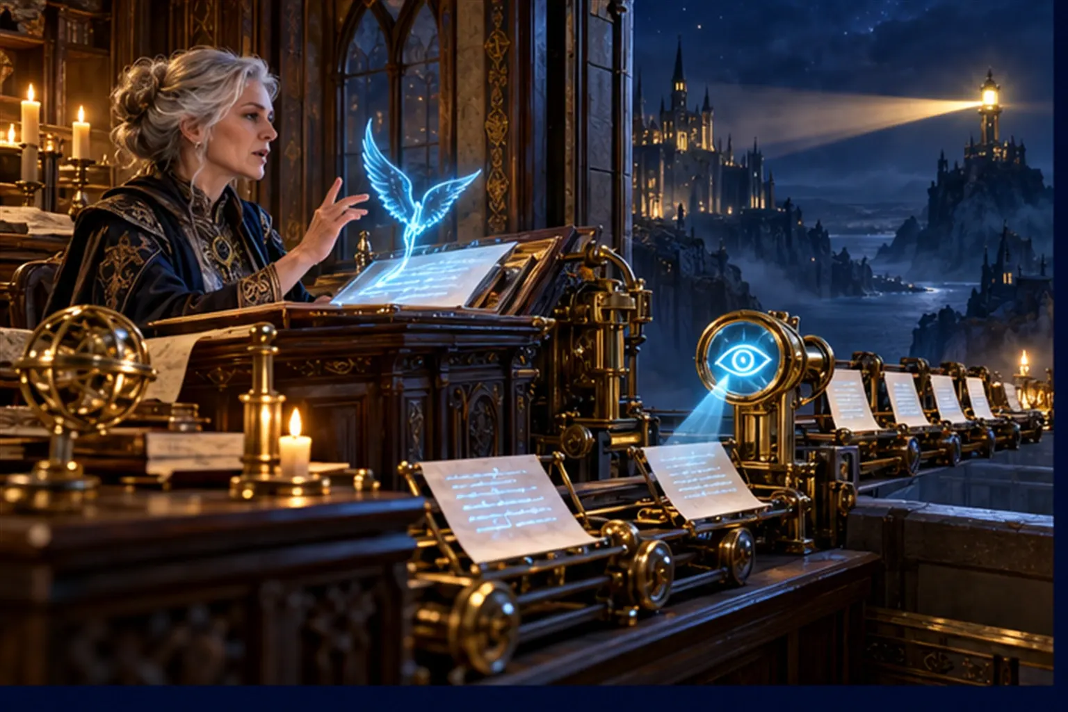 A wizard speaks at a lectern as a cyan winged sigil sets her words onto pages that pass an eye sigil on a conveyor to a window.