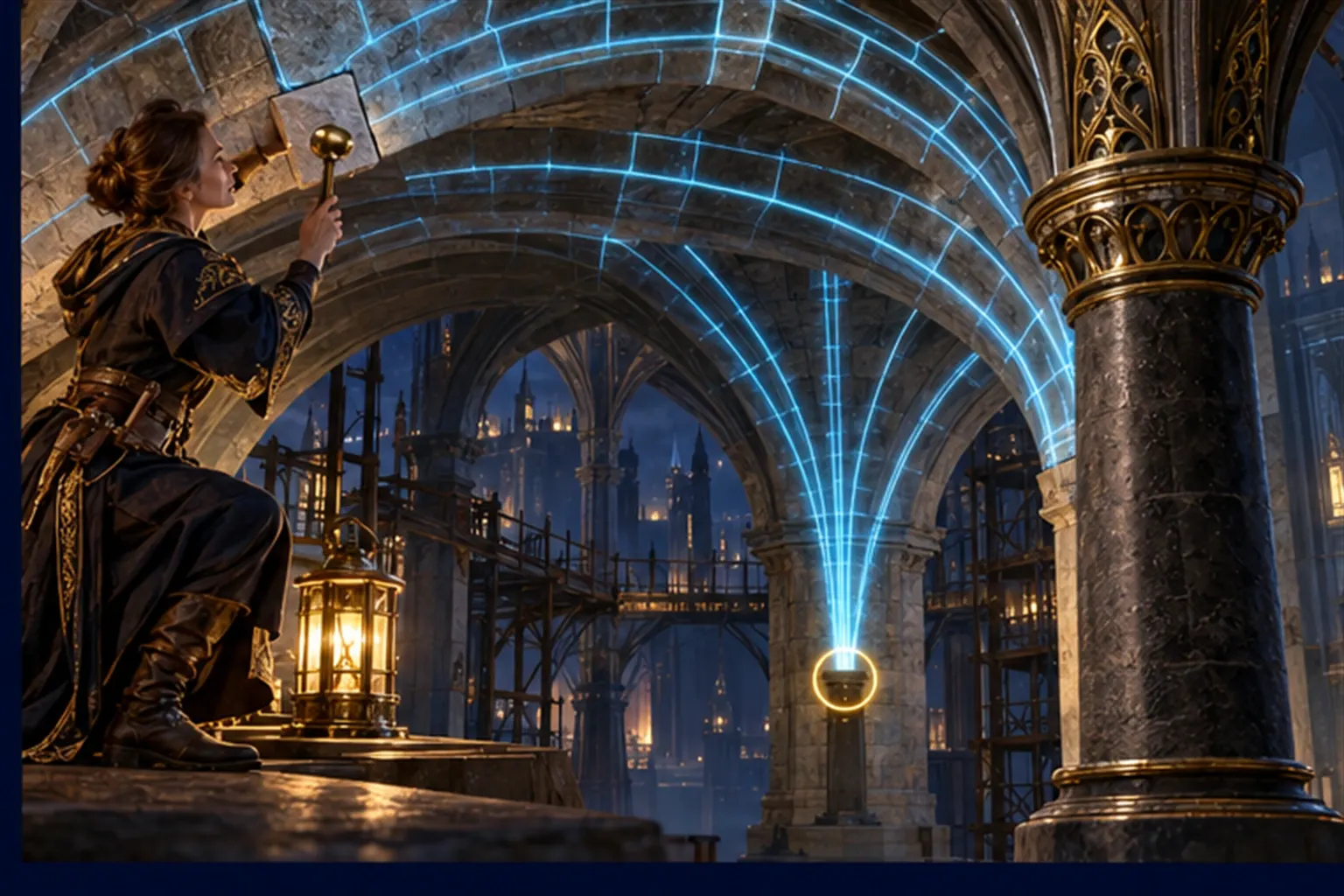 A wizard under a vaulted arch rings one small pier in gold where glowing cyan load lines converge, while an ornate column carries none.