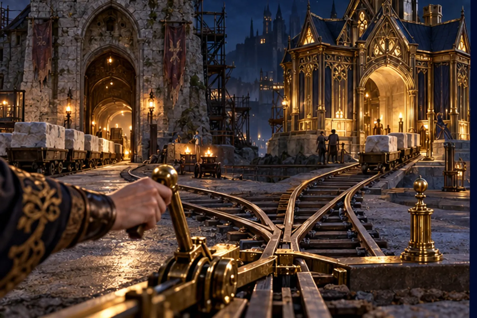 A road splits at a brass switch to an old stone gatehouse and a new brass-and-timber one; a wizard's hand sends only a few light carts new.