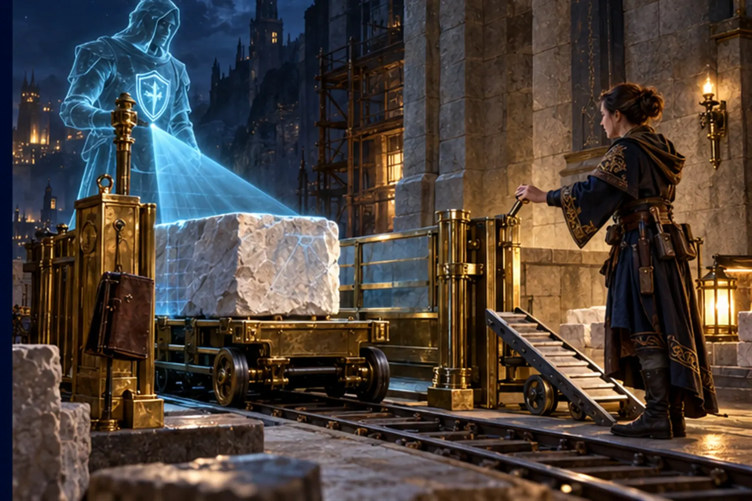 A stone block on a cart waits at a brass release gate under a cyan guardian's beam as a wizard holds the lever; a ramp stands ready.